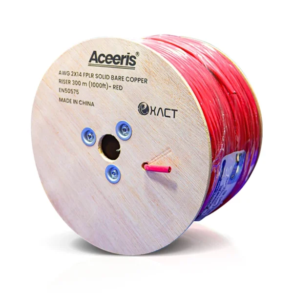 Rollo de madera de cable de incendio FPLR 2x14 Aceeris cable rojo enrollado visto desde arriba